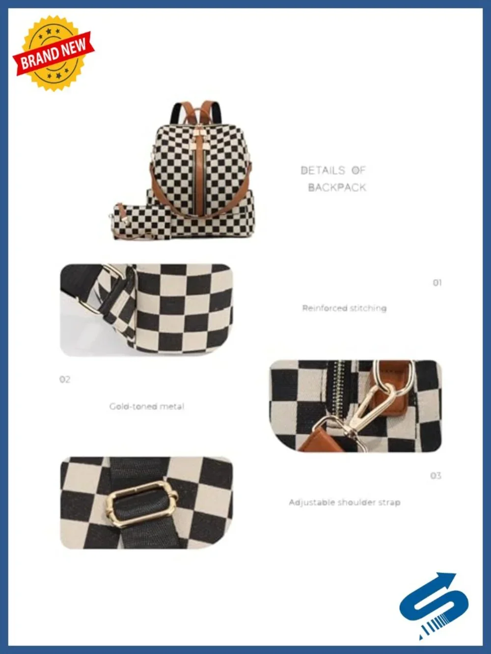 Women's Checkered Leather Backpack with Wallet and Cherry Charm, Multi-Pocket